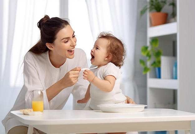 Foto de mãe alimentando bebê comendo comida saudável