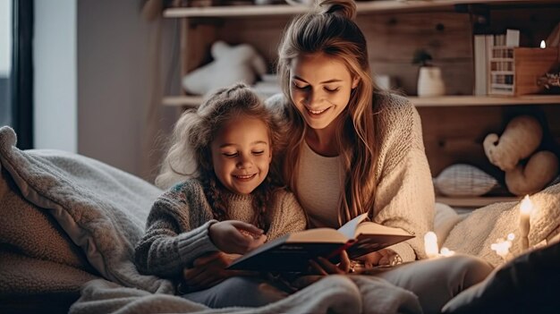 foto de mãe e filha de família feliz lendo um livro durante o dia em casa