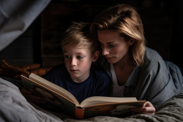 Foto de mãe e filho lendo juntos criada com IA generativa