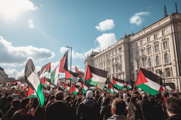 Foto de manifestação em massa com bandeiras palestinas gerada por Ai