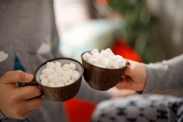 Foto de mãos com duas pilhas de cacau com marshmallow