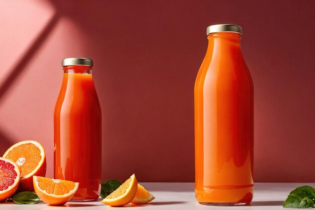 Foto de maquete de embalagem do produto de uma sessão de fotos publicitárias do estúdio de garrafas de suco