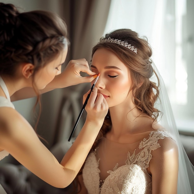 Foto de maquiadora fazendo maquiagem elegante para a noiva