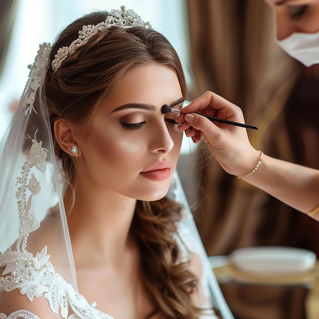 Foto de maquiadora fazendo maquiagem elegante para a noiva