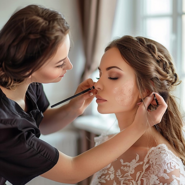 Foto de maquiadora fazendo maquiagem elegante para a noiva