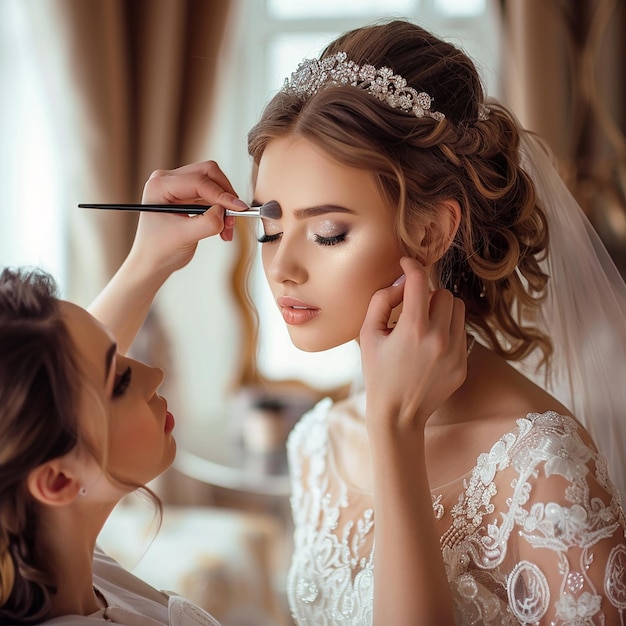 Foto de maquiadora fazendo maquiagem elegante para a noiva