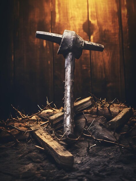 Foto foto de martelo e pregos em madeira desgastada decoração crucificação co palma de páscoa arte da sexta-feira santa
