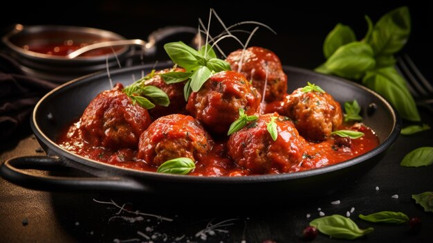 Foto foto de meatballs em molho marinara como um prato em um restaurante de luxo