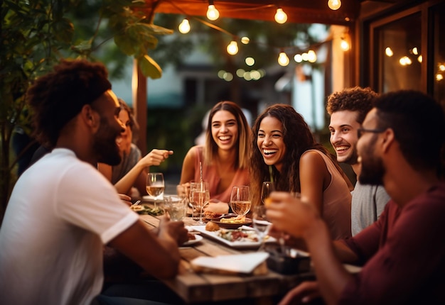 Foto de melhores amigos a jantar juntos.