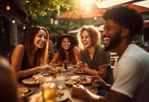 Foto de melhores amigos a jantar juntos.