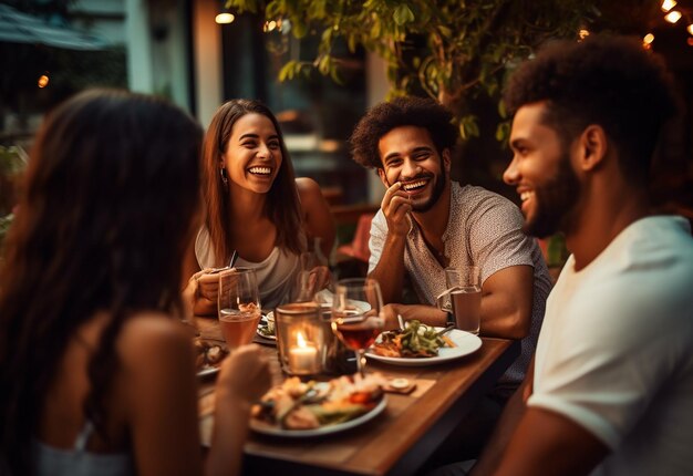 Foto foto de melhores amigos a jantar juntos.