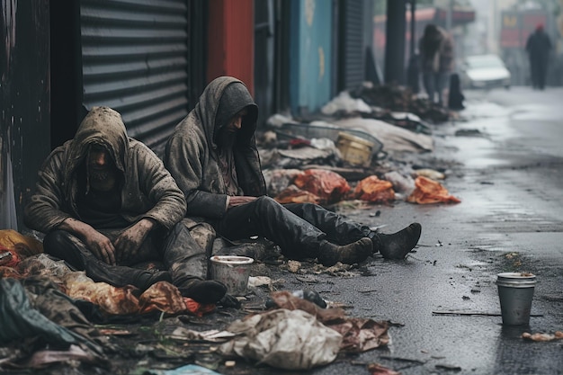 Foto de mendigos deitados à beira da rua com roupas sujas