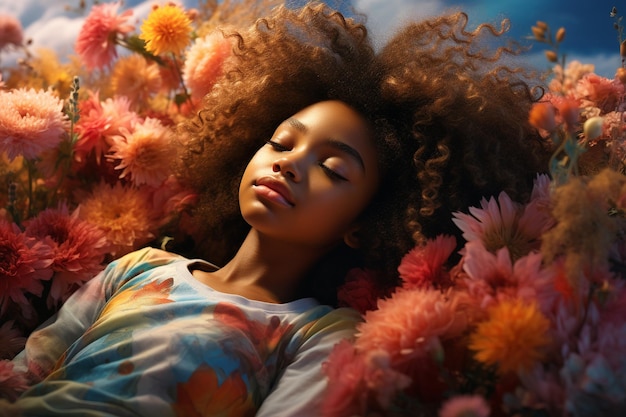 foto de menina africana dormindo em ambiente florido