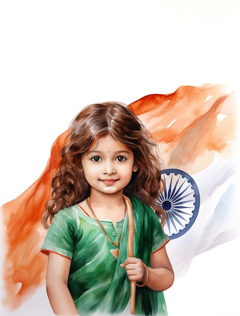 Foto de menina indiana com ilustração de bandeira para o conceito de fundo do Dia Indiano