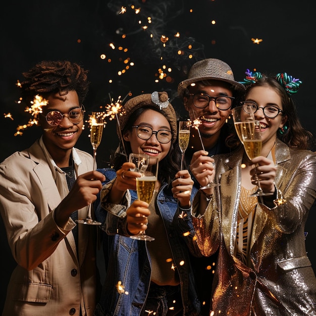 Foto de millennials multiétnicos felizes celebrando o ano novo juntos com fundo preto