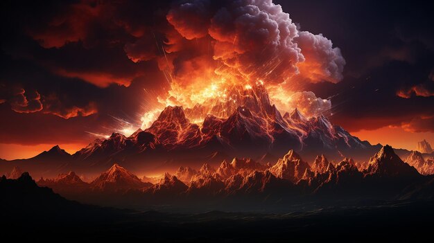 Foto de montanha em erupção vomitando cinzas de fogo para o céu geradas por ai