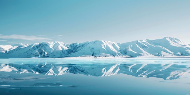 Foto de montanhas cobertas de neve se refletindo na água céu azul claro