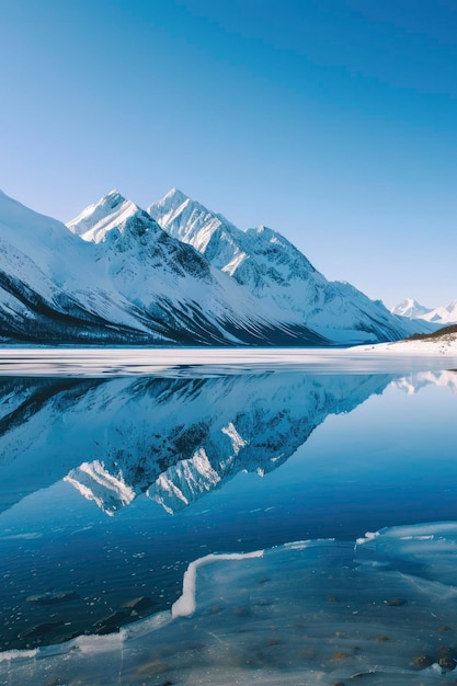 Foto de montanhas cobertas de neve se refletindo na água céu azul claro