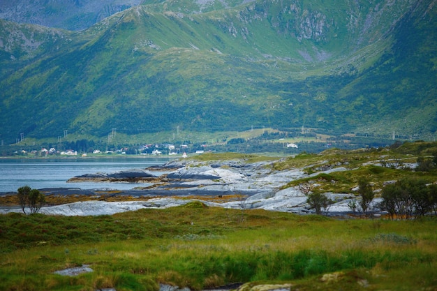 Foto de montanhas pitorescas com céu nublado de vegetação na Noruega no verão