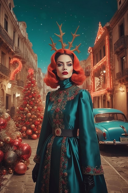 Foto de mujer muy bien vestida posando para la foto en navidad al estilo gótico