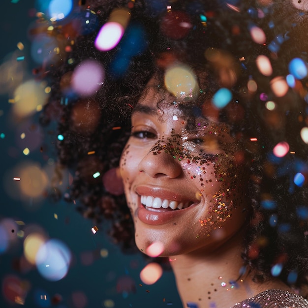 Foto de mulher afro-americana em uma festa de natal com confeti