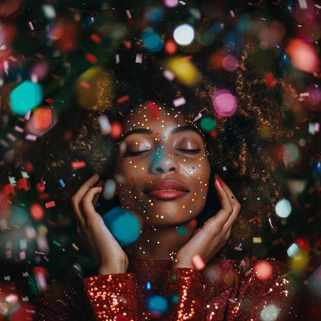 Foto de mulher afro-americana em uma festa de Natal com confeti