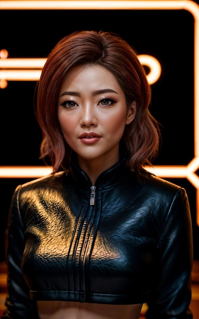 Foto de mulher asiática com roupa de jaqueta com luz colorida em IA generativa de fundo