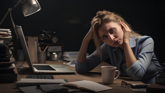 Foto de mulher cansada sentada em frente ao computador e trabalhando Mulher cansada trabalhando
