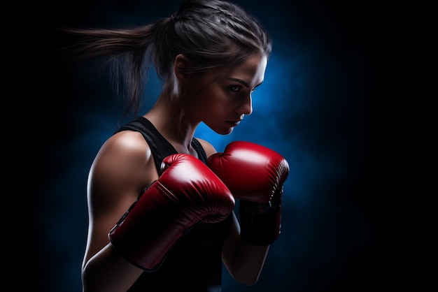 Foto de mulher com luvas de boxe sobre fundo escuro Foto de alta qualidade