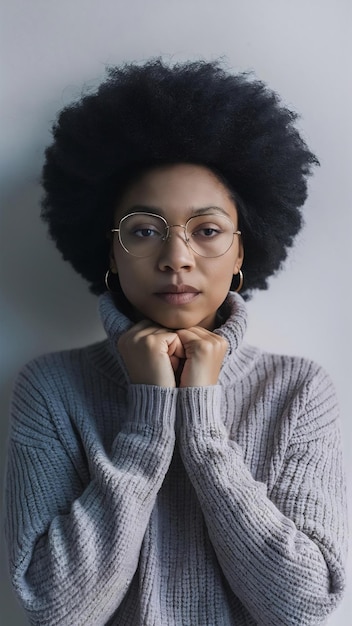 Foto de mulher contemplativa com penteado afro usa óculos redondos suéter quente casual