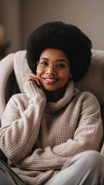 Foto de mulher contemplativa com penteado afro usa óculos redondos suéter quente casual