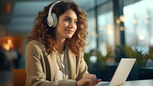 Foto de mulher de negócios feliz com laptop e fones de ouvido alugando uma canção no escritório gerada pela IA