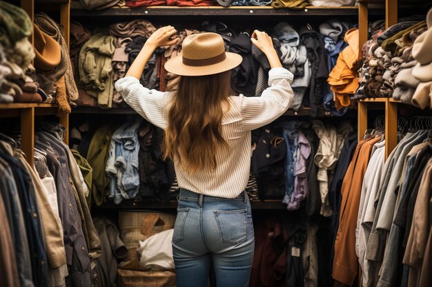 Foto foto de mulher escolhendo roupas para um guarda-roupa