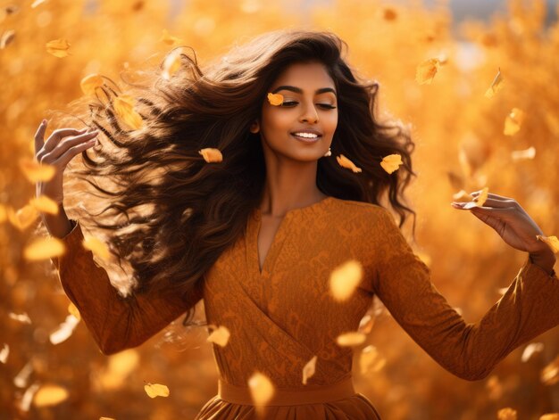 foto de mulher indiana com pose dinâmica emocional em fundo de outono