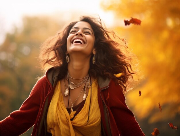 foto de mulher indiana com pose dinâmica emocional em fundo de outono