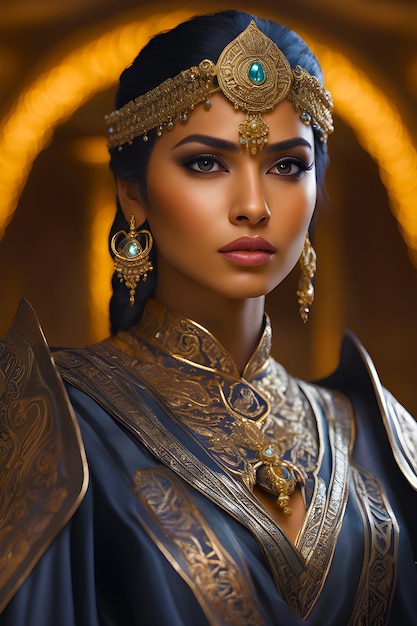 foto de mulher indiana olhar sério lábios pressionados preto updo armadura de aço e vestes gênero da realeza do cabo