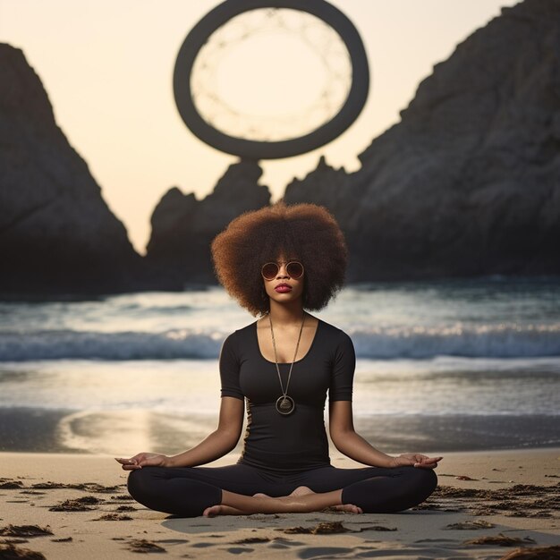 Foto de mulher negra com penteado afro fazendo ioga na praia