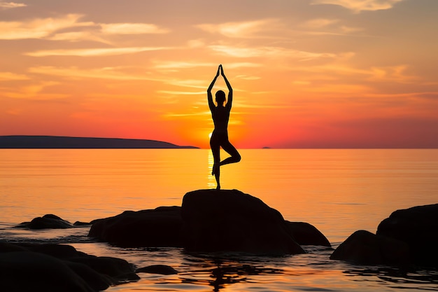 Foto de mulher praticando ioga em uma praia rochosa ao sol