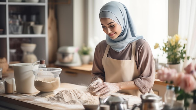 foto de mulheres de tiro médio cozinhando para o Ramadã gerada por IA