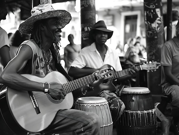 Foto de músicos de rua vendendo seus CDs de música em um mercado no Brasil