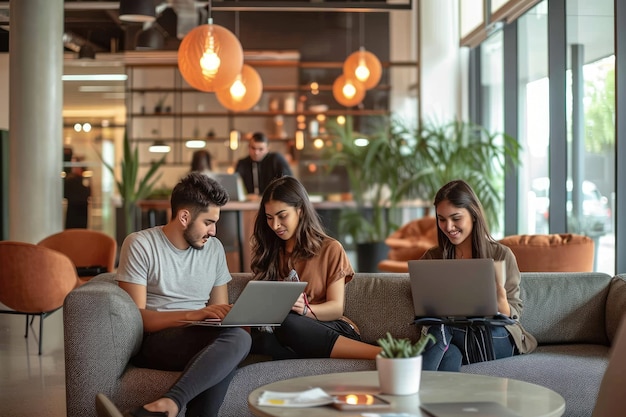 Foto de negócios produtiva em um espaço de coworking colaborativo com design moderno Cena de negócios dinâmica capturada em um espaço De coworking cooperativo com design elegante e moderno