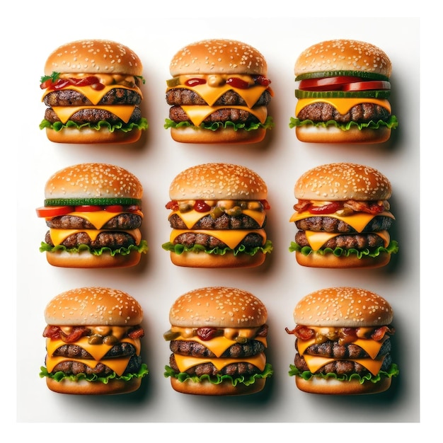 Foto de nove hambúrgueres dispostos em uma grade vista de cima em um fundo branco