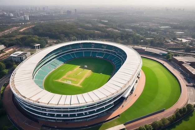 Foto foto de olho de peixe de estádio esportivo oval acima de vista com holofotes hiperrealista campo de críquete de visão ampla