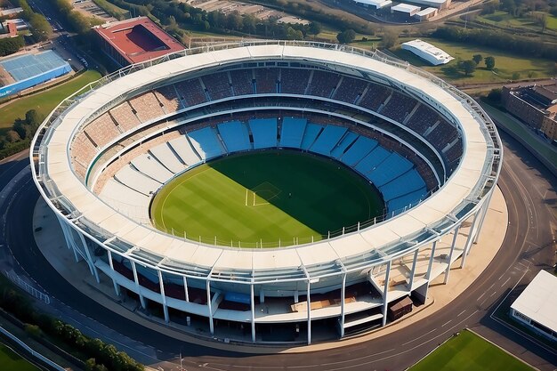 Foto foto de olho de peixe de estádio esportivo oval acima de vista com holofotes hiperrealista campo de críquete de visão ampla