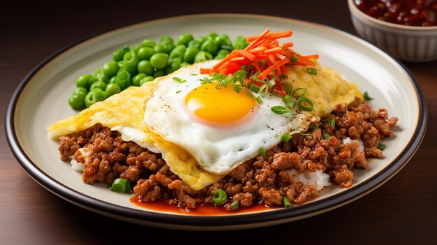 Foto de omelete crocante coberto com carne de porco picada e arroz de legumes misturados