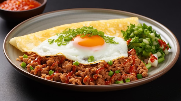 Foto de omelete crocante coberto com carne de porco picada e arroz de legumes misturados