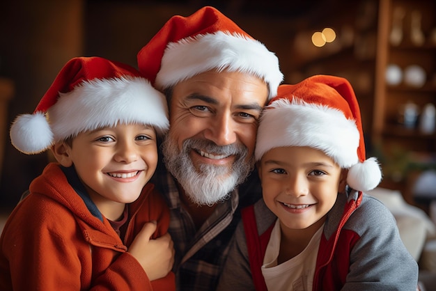 Foto foto de pai com crianças com chapéus de papai noel foto de alta qualidade