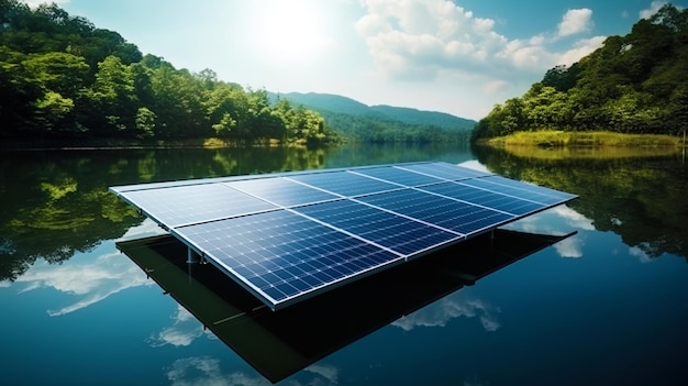 Foto de painéis solares flutuando na superfície espelhada do lago em uma área arborizada