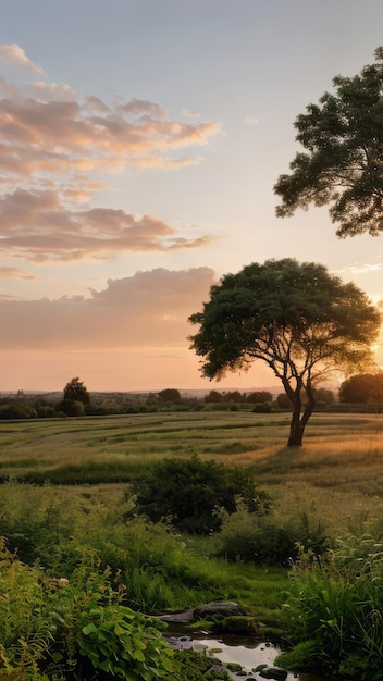 foto de paisagem de nascer do sol de um campo com árvores