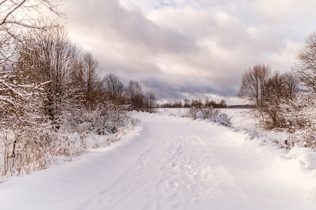 Foto de paisagem de neve com céu nublado e estrada no inverno